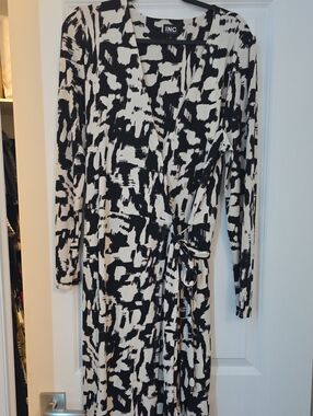 INC International Concepts Black and Cream Abstract Wrap Dress